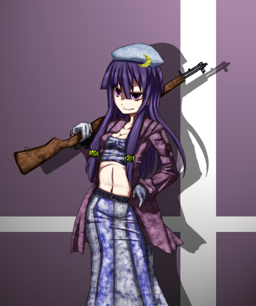 adapted_costume crescent doyouwantto gun hand_on_hip hat long_hair navel patchouli_knowledge purple_eyes purple_hair rifle solo touhou weapon