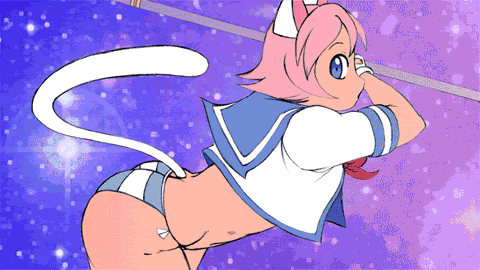 animal_ears animated animated_gif blue_eyes cat_ears fingerless_gloves gloves hammer lowres panties pink_hair school_uniform solo star striped striped_legwear striped_panties tail thighhighs underwear