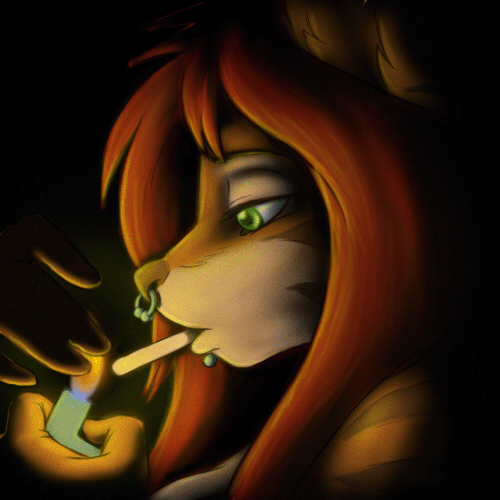animated cigarette feline female fire green_eyes lighter nose_piercing piercing pusspuss red_hair solo tiger