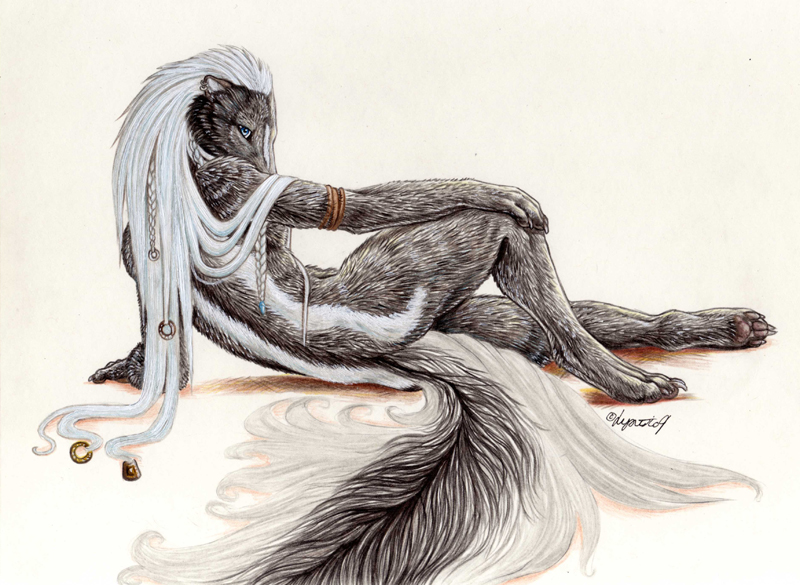 anthro back blue_eyes claws female hair hindpaw jewelry long_hair looking_at_viewer lying mammal nude on_side palelady pawpads paws piercing plain_background pose reclining skunk solo toe_claws white_background white_hair