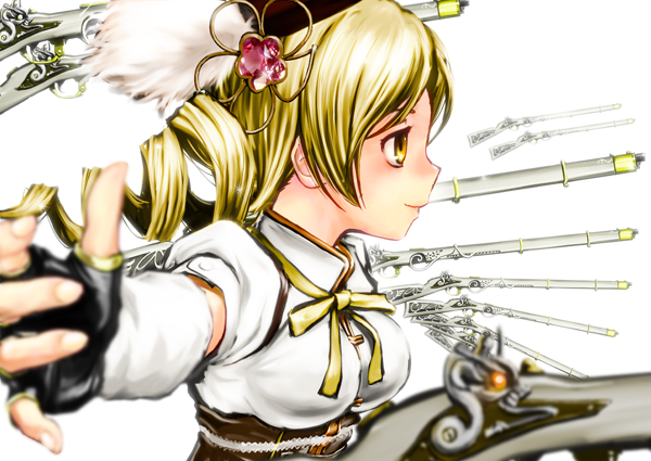 amon_(mulciber) blonde_hair blurry corset depth_of_field drill_hair fingerless_gloves gate_of_babylon gloves gun magical_girl magical_musket mahou_shoujo_madoka_magica profile rifle shirt simple_background solo taut_clothes taut_shirt tomoe_mami weapon white_background yellow_eyes