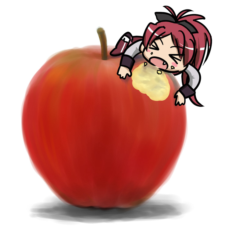 &gt;_&lt; apple closed_eyes comic eating food fruit long_hair magical_girl mahou_shoujo_madoka_magica mukiki ponytail red_hair sakura_kyouko solo