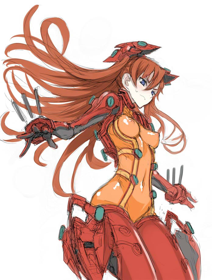 &gt;:( adapted_costume armor bangs blue_eyes blush bodysuit bracer breasts covered_navel covered_nipples cowboy_shot evangelion:_2.0_you_can_(not)_advance floating_hair from_below from_side frown gloves hair_between_eyes headgear hips honjou_raita long_hair looking_down medium_breasts multicolored multicolored_bodysuit multicolored_clothes neon_genesis_evangelion nipples orange_bodysuit orange_hair outstretched_arms pilot_suit plugsuit rebuild_of_evangelion red_bodysuit see-through shikinami_asuka_langley simple_background sketch skin_tight solo souryuu_asuka_langley spread_arms sweatdrop test_plugsuit twintails v-shaped_eyebrows very_long_hair white_background