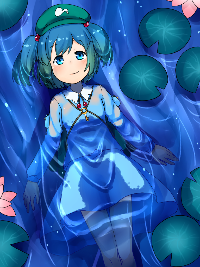 afloat blue_eyes blue_hair from_above hair_bobbles hair_ornament hat kawashiro_nitori key lily_pad lying muku_(muku-coffee) on_back short_hair smile solo touhou two_side_up water