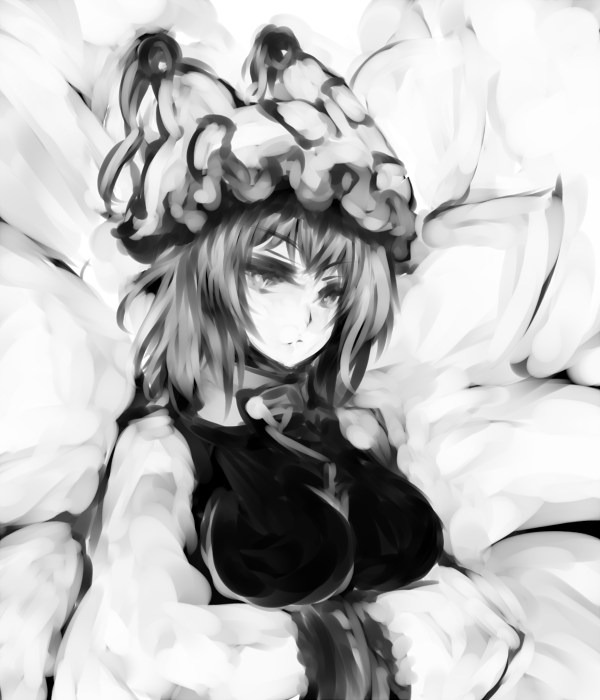 acryl bad_id bad_pixiv_id breasts closed_mouth eyebrows_visible_through_hair greyscale hands_in_opposite_sleeves hat large_breasts monochrome multiple_tails short_hair solo tabard tail touhou upper_body v-shaped_eyebrows yakumo_ran