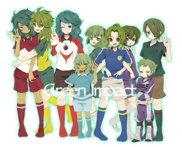 bjorn_kyle green_hair inazuma_eleven inazuma_eleven_(series) kame_leon midorikawa_ryuuji nemuro_miyuki nero_(inazuma_eleven) nitou_honoka sakiyama_syuji soccer_uniform