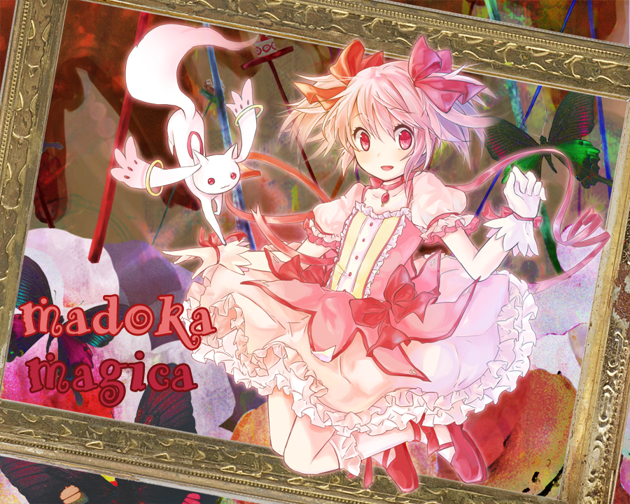 bow bubble_skirt bug butterfly copyright_name dress gloves hair_bow insect jewelry kaname_madoka kyubey lunica magical_girl mahou_shoujo_madoka_magica pendant pink_eyes pink_hair ribbon shoes short_twintails skirt twintails