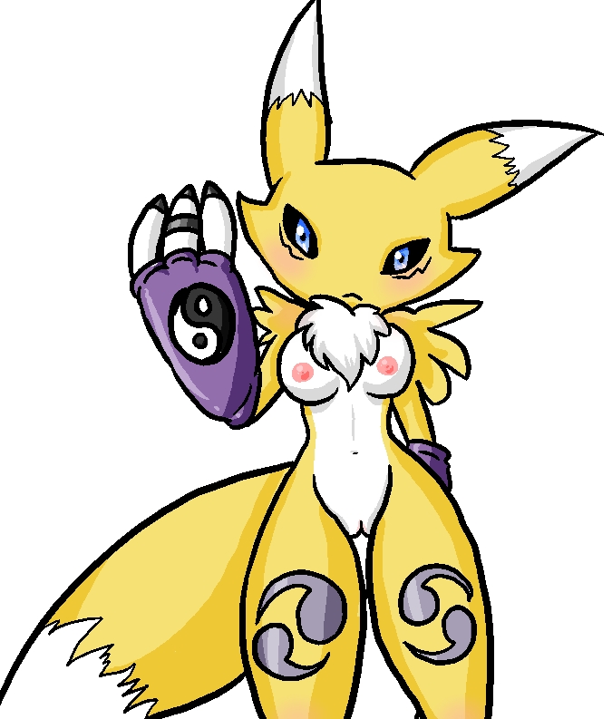 blue_eyes blush breasts canine chest_tuft claws digimon elbow_gloves female fox gloves looking_at_viewer pussy renamon solo standing tail unknown_artist yellow