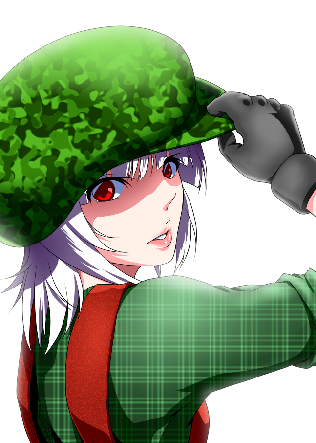 alternate_costume bad_id bad_pixiv_id contemporary from_behind fujiwara_no_mokou gloves hat lips mattari_yufi overalls red_eyes silver_hair solo suspenders touhou