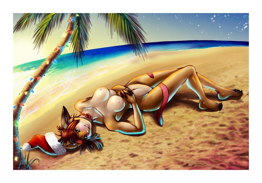 beach breasts feline female locopelli nude palm_tree red_hair ribbons sand seaside shana solo stars sunset xmas