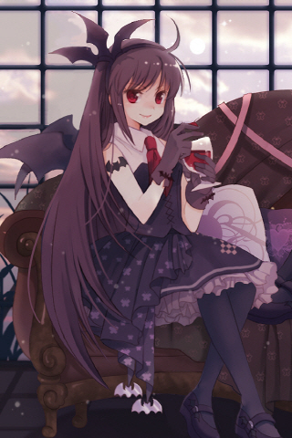 brown_hair couch cup drinking_glass gloves gothic_lolita lolita_fashion long_hair lowres necktie pantyhose red_eyes rednian short_hair sion_flina solo sword_girls vampire wine_glass wings