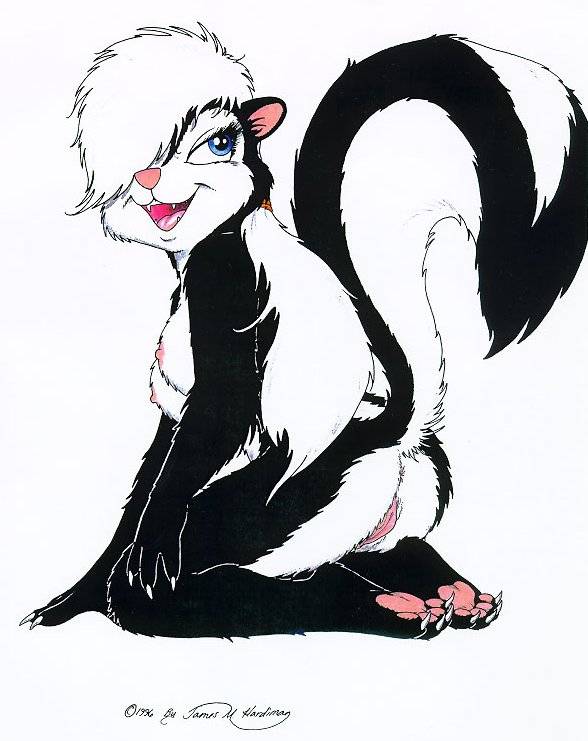 1996 breasts butt female hindpaw james_m_hardiman nude pussy raised_tail side_boob sitting skunk solo tail