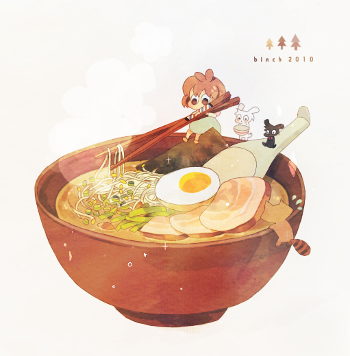 bad_id bad_pixiv_id binch bowl chibi chopsticks dog egg food minigirl noodles original ramen simple_background sitting solo tanuki