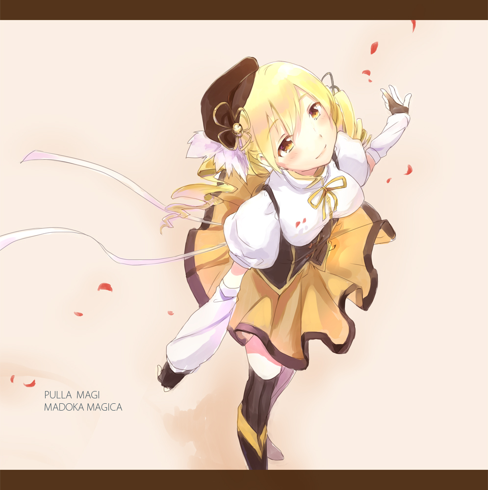 bad_id bad_pixiv_id blonde_hair blush cherry_blossoms drill_hair fingerless_gloves gloves hat looking_up magical_girl mahou_shoujo_madoka_magica skirt smile solo thighhighs tomoe_mami twintails ume_(plumblossom) yellow_eyes