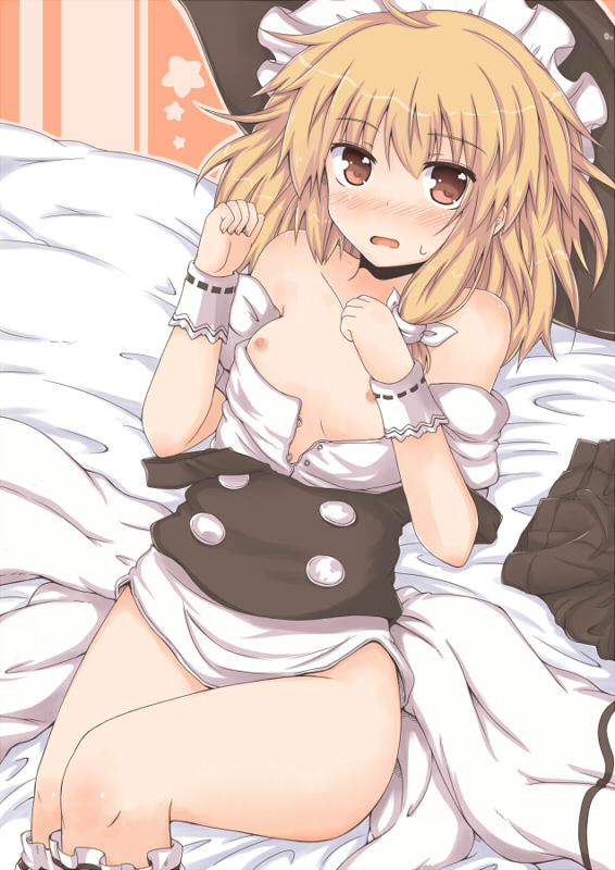 bare_shoulders blonde_hair blush bottomless breasts hat kirisame_marisa lockheart nipples off_shoulder open_clothes open_shirt red_eyes shirt small_breasts solo touhou