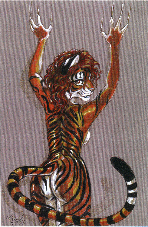 back breasts brown_eyes butt claws feline female looking_at_viewer looking_back nude red_hair side_boob solo tail terrie_smith tiger wall wide_hips