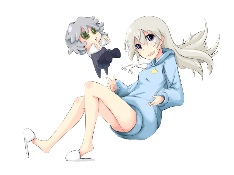 bare_legs blue_eyes blush doll eila_ilmatar_juutilainen hood hoodie long_hair nanairosakura sanya_v_litvyak slippers smile solo strike_witches white_hair world_witches_series