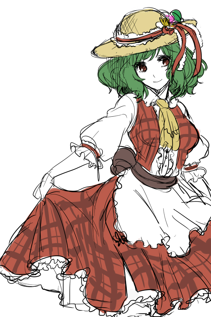 apron ascot bad_id bad_pixiv_id green_hair hat kazami_yuuka long_skirt partially_colored plaid plaid_skirt plaid_vest red_eyes ririvery short_hair simple_background sketch skirt skirt_hold smile solo sun_hat touhou vest waist_apron