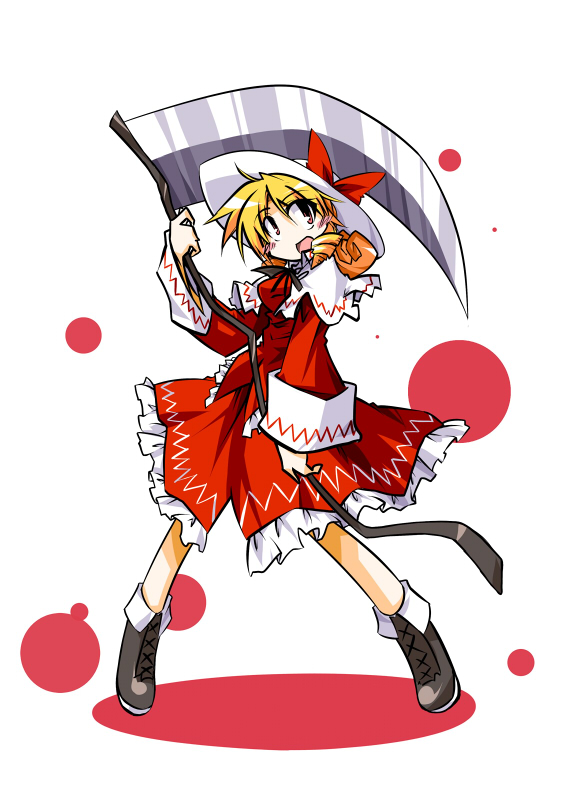 blonde_hair boots capelet cross-laced_footwear dress drill_hair elly full_body hat hemogurobin_a1c holding holding_scythe lace-up_boots red_eyes scythe short_hair simple_background solo standing touhou touhou_(pc-98)