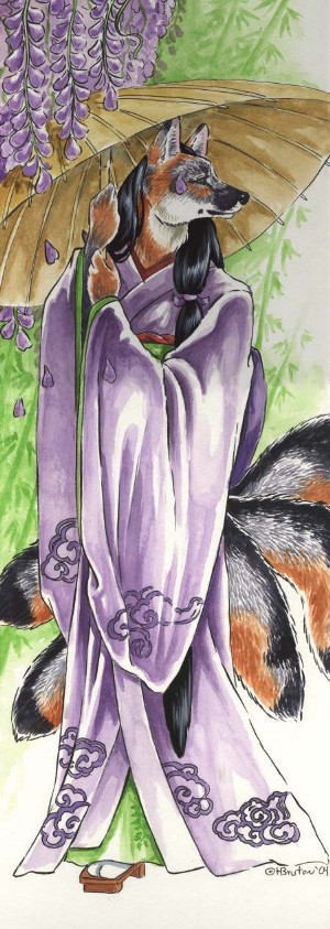 canine female fox heather_bruton japan japanese_clothing kimono kitsune multiple_tails parasol solo tail wistaria