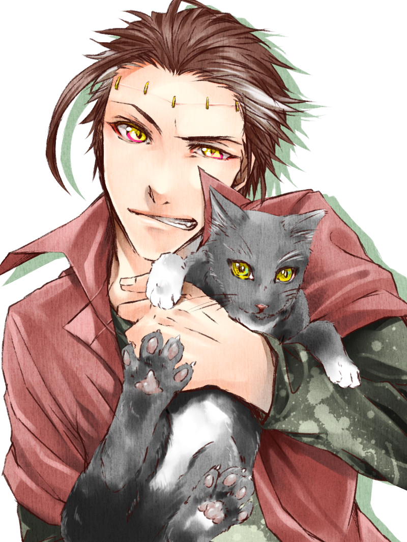 91_(ichi0630) bad_id bad_pixiv_id big_al brown_hair cat male_focus simple_background smile solo stitches vocaloid yellow_eyes