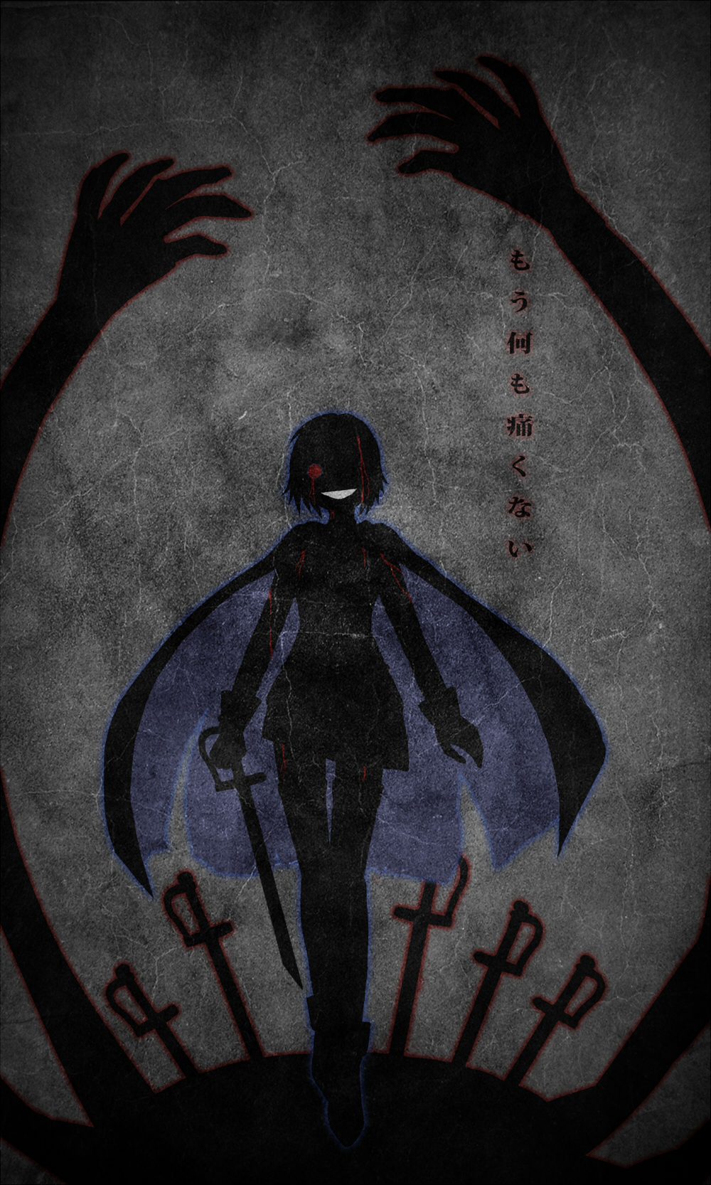 bad_id bad_pixiv_id blood bloody_tears cape elsa_maria_(madoka_magica) evil_grin evil_smile gloves grin hair_over_one_eye hands highres mahou_shoujo_madoka_magica miki_sayaka qinqintod short_hair silhouette smile solo spoilers sword thighhighs translated weapon