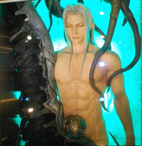 closed_eyes final_fantasy final_fantasy_vii lowres male_focus nude photo sephiroth silver_hair statue tentacles tentacles_with_male