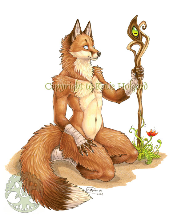 2008 annoying_watermark canine flower fox katie_hofgard male nude polearm solo staff wolf_nymph