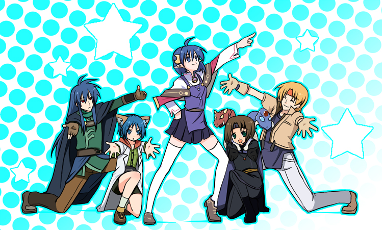 ashton_anchors blonde_hair blue_hair brown_hair claude_kenni dias_flac dragon hare_hare_yukai labcoat leon_geeste male_focus multiple_boys parody rena_lanford star_ocean star_ocean_the_second_story suzumiya_haruhi_no_yuuutsu