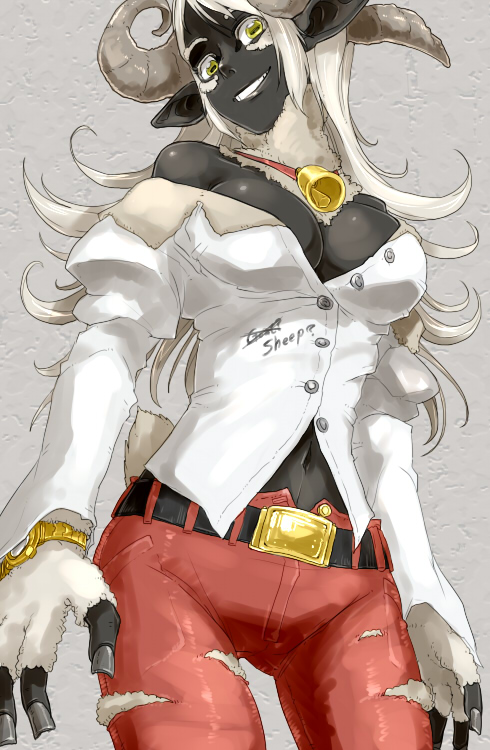 bare_shoulders bell bell_collar belt black_skin breasts cleavage collar dark_skin english fingernails grin horns long_fingernails long_hair medium_breasts monster_girl navel off_shoulder original oso_(toolate) ovis_aries pants personification pointy_ears sheep sheep_horns sheep_tail smile solo tail thigh_gap torn_clothes torn_pants unbuttoned watch white_hair wool wristwatch yellow_eyes