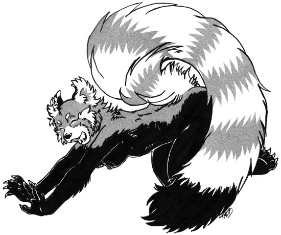 bliss female monochrome nude open_mouth red_panda solo stretch uaykan yawn