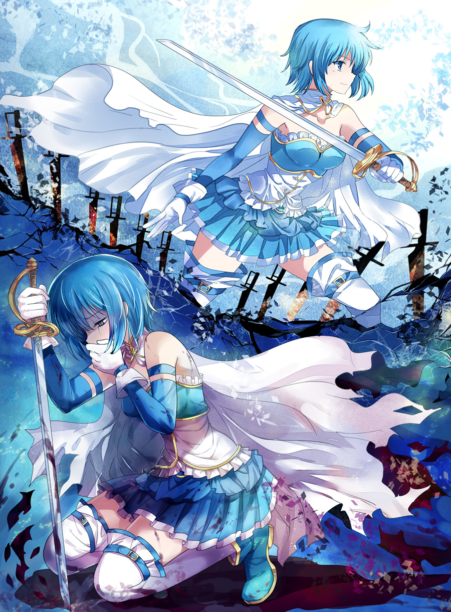 bad_id bad_pixiv_id bare_shoulders blue_eyes blue_hair cape commentary highres kneeling light_smile magical_girl mahou_shoujo_madoka_magica miki_sayaka pico_(picollector79) profile short_hair spoilers sword weapon