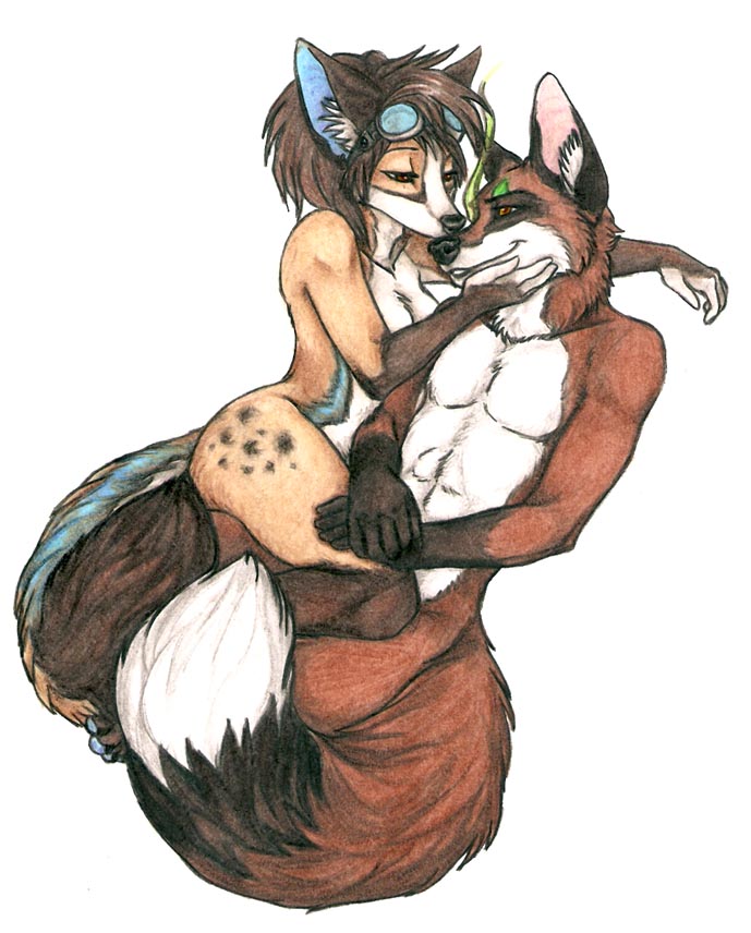 canine cass couple female fox goggles hug kitsune male multiple_tails nude speed_(artist) straight tail