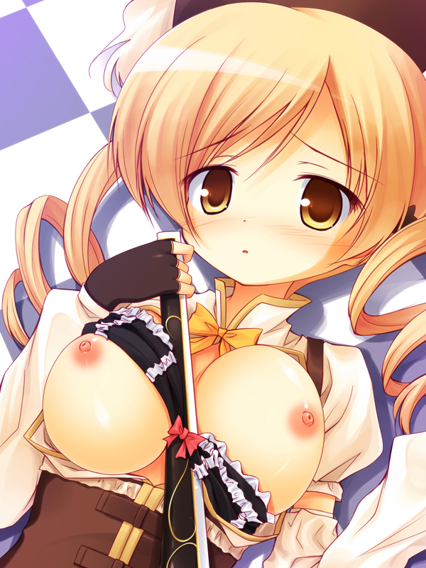 between_breasts blonde_hair blush bra bra_lift bra_pull breasts checkered checkered_background drill_hair fingerless_gloves gloves gun hat large_breasts lingerie magical_musket mahou_shoujo_madoka_magica nipples rifle solo tomoe_mami twintails underwear upper_body weapon yellow_eyes yuku_(kiollion)