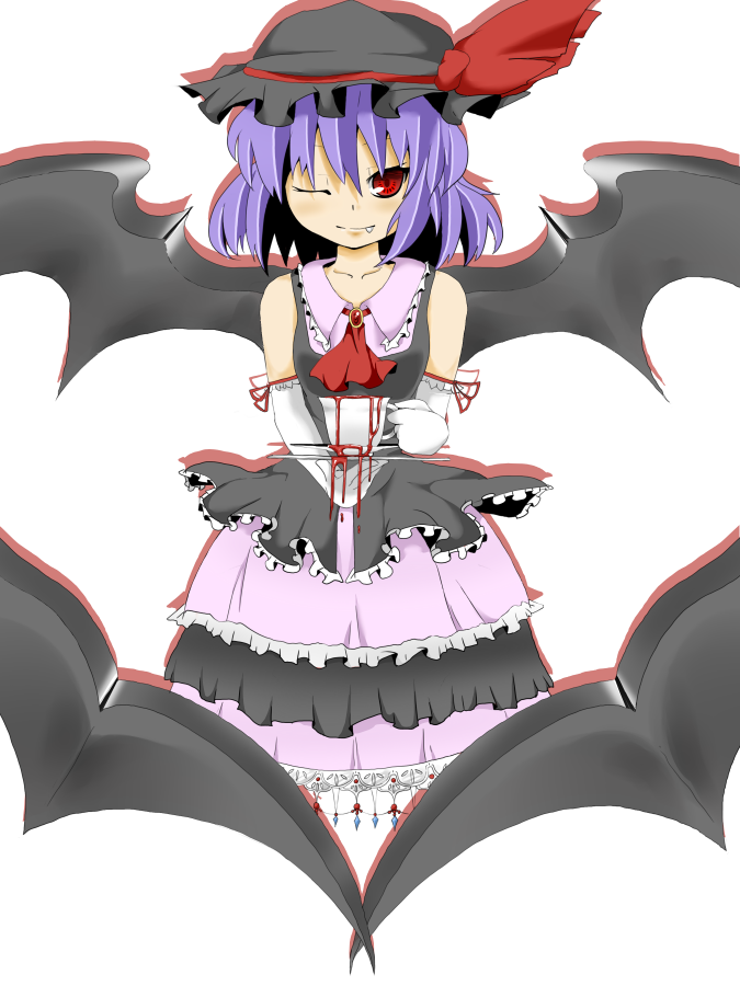 alternate_costume blood cup dress elbow_gloves fang frills gloves hat layered_dress remilia_scarlet rorikon_(youkon) saucer sleeveless solo teacup touhou wings