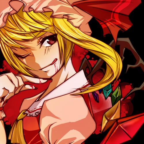 ;q blonde_hair blood face flandre_scarlet licking lowres ochiai_mayumi one_eye_closed short_hair solo tongue tongue_out touhou