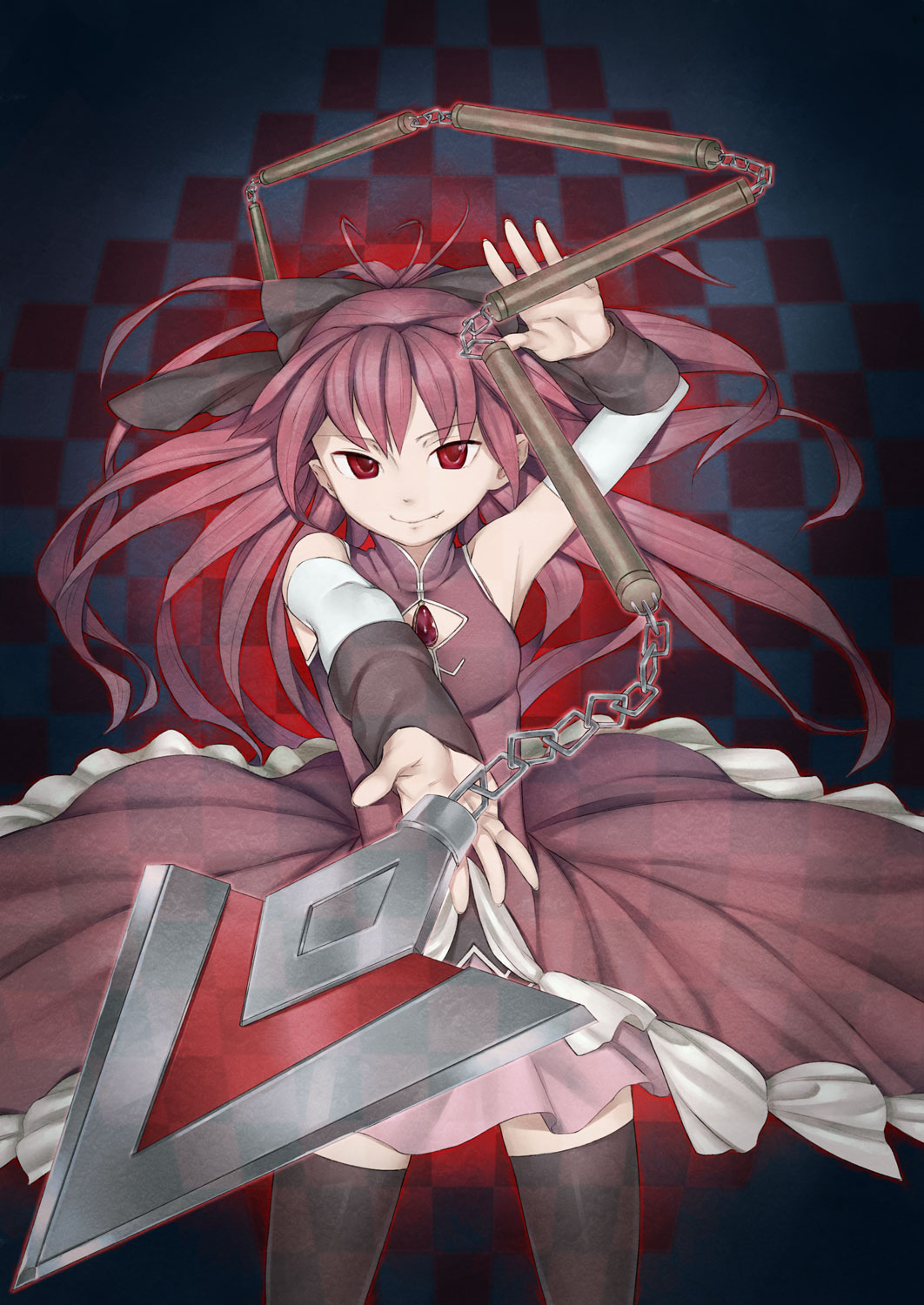 bad_id bad_pixiv_id bare_shoulders black_legwear chain checkered checkered_background detached_sleeves fang foreshortening harmaline highres long_hair magical_girl mahou_shoujo_madoka_magica outstretched_arm outstretched_hand polearm ponytail red_eyes sakura_kyouko short_hair smile solo spear thighhighs weapon zettai_ryouiki
