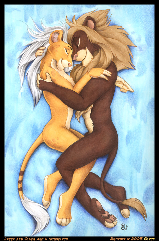 entwined feline female hug lion male nude olven sleeping