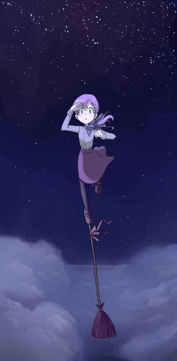 broom cloud flying green_eyes hair_ribbon hand_over_eye highres inui_(jt1116) night night_sky on_top_of_pole open_mouth original ponytail ribbon skirt sky solo standing standing_on_one_leg star_(sky) starry_sky witch
