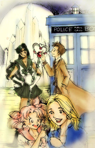 bishoujo_senshi_sailor_moon chibi_usa child crossover doctor_who lowres meiou_setsuna phone_booth rose_tyler sailor_pluto telephone_booth the_doctor