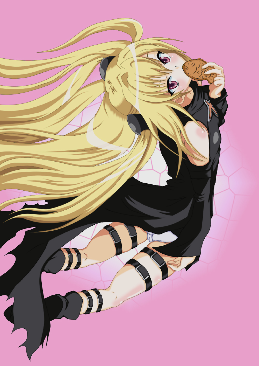 blush eating food hair_ornament highres konjiki_no_yami long_hair looking_back noa_p red_eyes shiny shiny_skin solo thigh_strap to_love-ru to_love-ru_darkness two_side_up very_long_hair