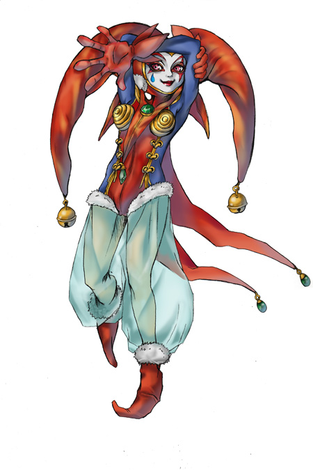 bell cape chrono_(series) chrono_cross donarudo_coffee84 face_paint facepaint female full_body gloves harle hat jester jester_cap red_eyes see-through simple_background solo tsukuyomi_(chrono_cross) white_background