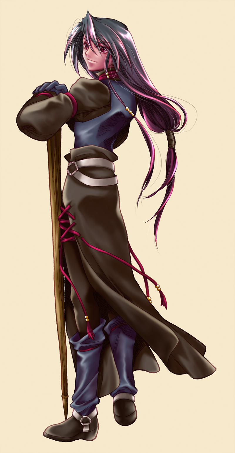 bad_id bad_pixiv_id belt black_hair boots full_body gloves gradient_hair highres knee_boots long_hair looking_at_viewer low-tied_long_hair male_focus multicolored_hair original pants purple_hair red_eyes shuri_yasuyuki simple_background smile solo staff yellow_background