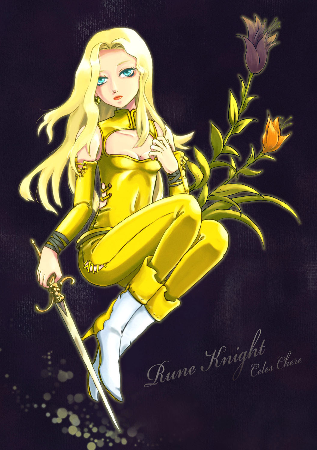 ao_(pixiv1743221) blonde_hair blue_eyes boots celes_chere detached_sleeves earrings female final_fantasy final_fantasy_vi flower full_body highres jewelry long_hair plant solo sword weapon