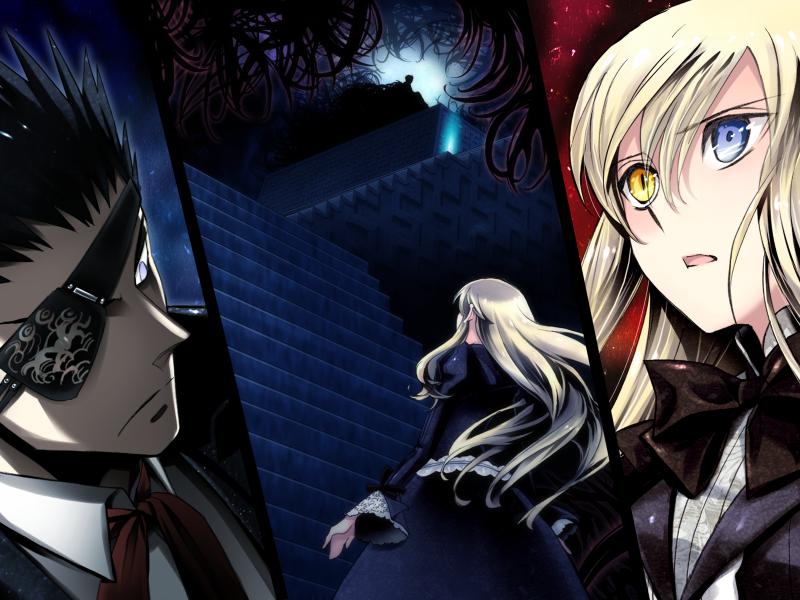 1girl akira_(kaned_fools) black_dress black_hair blonde_hair bow darkness dress eyepatch formal frown game_cg heterochromia long_hair m_(shikkoku_no_sharnoth) mary_clarissa_christie necktie open_mouth red_eyes ribbon shikkoku_no_sharnoth sidelocks spiked_hair stairs steampunk_(liarsoft) suit surprised yellow_eyes