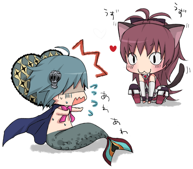 2girls :3 animal_ears blue_hair blush boots cape cat_ears cat_tail chibi detached_sleeves flying_sweatdrops fusion hacoxiv hair_ornament heart kemonomimi_mode long_hair magical_girl mahou_shoujo_madoka_magica mermaid miki_sayaka monster_girl monsterification multiple_girls naked_cape oktavia_von_seckendorff red_hair sakura_kyouko scales shaded_face short_hair sitting slit_pupils spoilers squatting sweatdrop tail tail_wagging thighhighs wavy_mouth you_gonna_get_eaten
