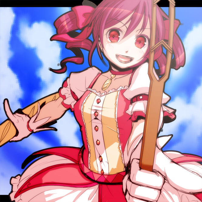 bow bow_(weapon) bubble_skirt cosplay drill_hair hair_bow kaname_madoka kaname_madoka_(cosplay) kasane_teto magical_girl mahou_shoujo_madoka_magica red_eyes red_hair skirt smile solo starcrown twin_drills twintails utau weapon