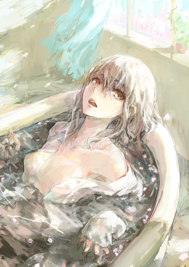 bare_shoulders bathing bathtub breasts brown_eyes collarbone face hands nipples off_shoulder open_clothes open_mouth open_shirt original partially_submerged petals red_eyes shirt short_hair small_breasts solo tori_(qqqt) water white_hair