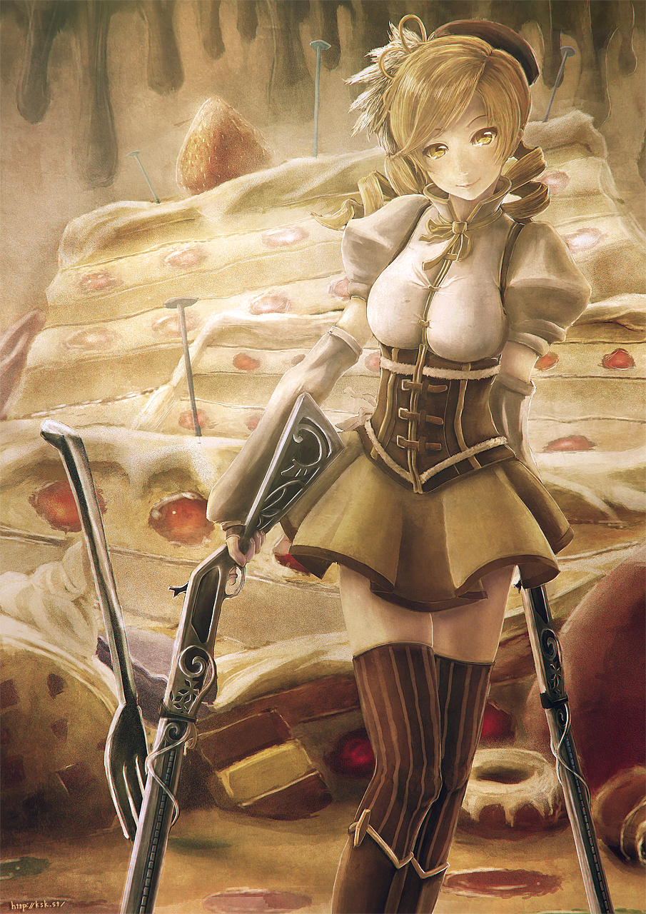 beret blonde_hair boots cake chuukarudoruhu corset detached_sleeves drill_hair dual_wielding faux_traditional_media fingerless_gloves food fork gloves gun hat highres holding magical_girl magical_musket mahou_shoujo_madoka_magica pleated_skirt puffy_sleeves rifle skirt smile solo thighhighs tomoe_mami weapon witch's_labyrinth yellow_eyes zettai_ryouiki
