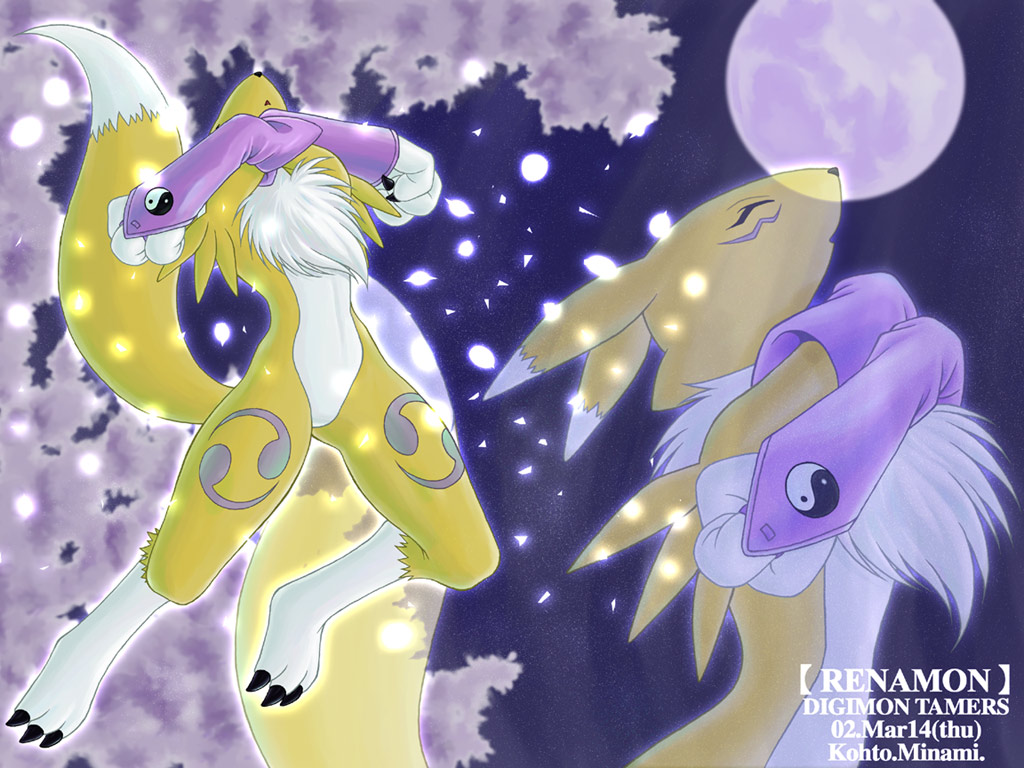 canine chest_tuft claws digimon elbow_gloves eyes_closed female fox gloves kohto_minami moon night nude raised_tail renamon solo tail wallpaper yellow